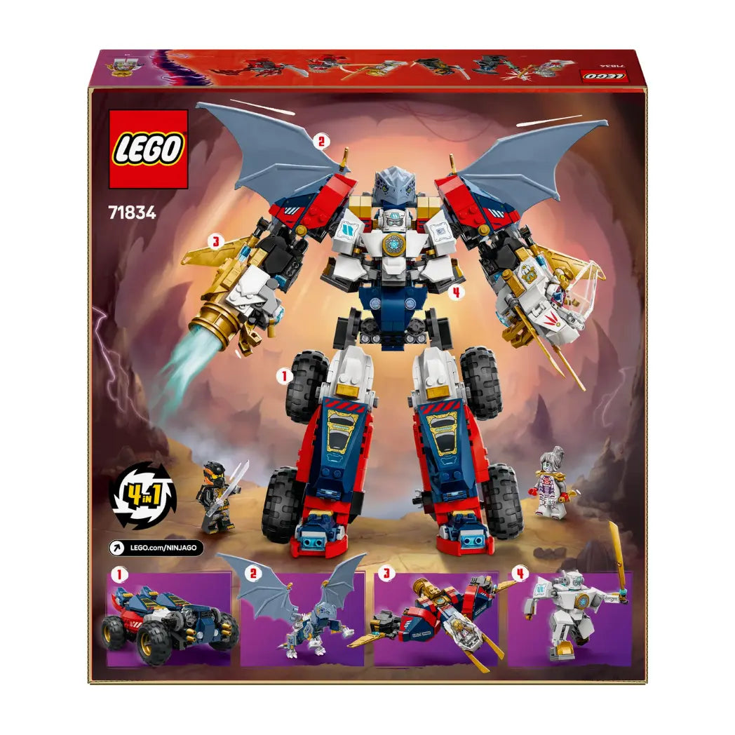 Back of Lego Zane’s Ultra Combiner Mech box illustrating how the large mech splits into four separate vehicles.
