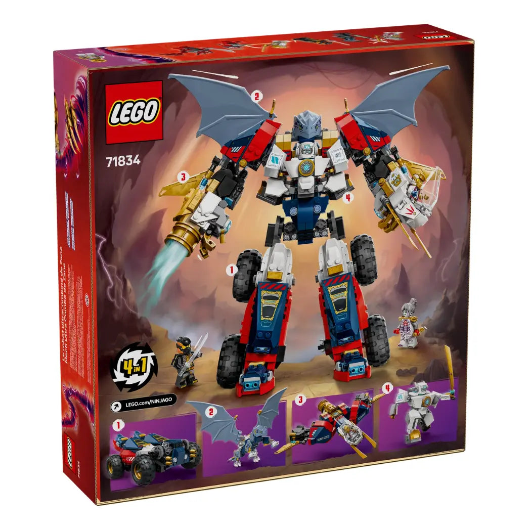 Tilted back of LEGO Zane’s Ultra Combiner Mech box illustrating how the large mech splits into four separate vehicles.