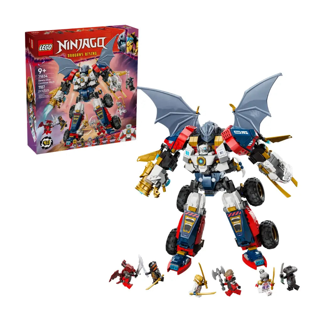 Lego Ninjago Zane’s Ultra Combiner Mech set with a large blue, white, and red winged mech and six minifigures.