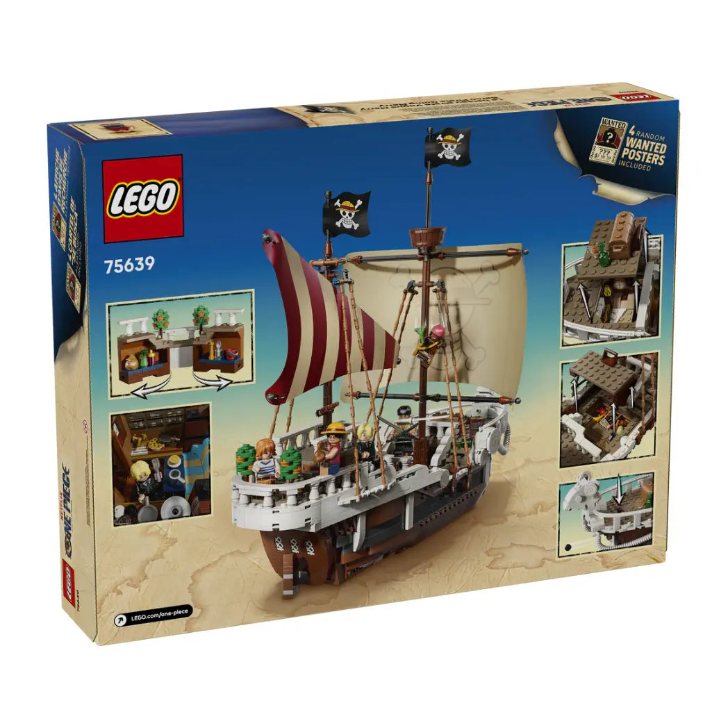 Back of LEGO One Piece The Going Merry box showing the ship's interior, play features, and set dimensions.