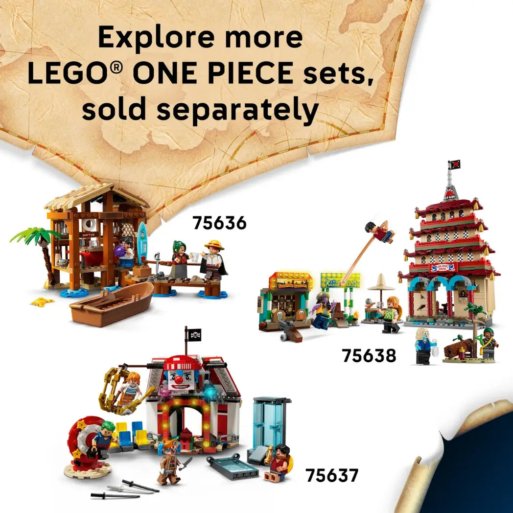 Three LEGO One Piece sets including a beach hut, Arlong Park, and a circus, with the text "Explore more LEGO One Piece sets, sold seperately."