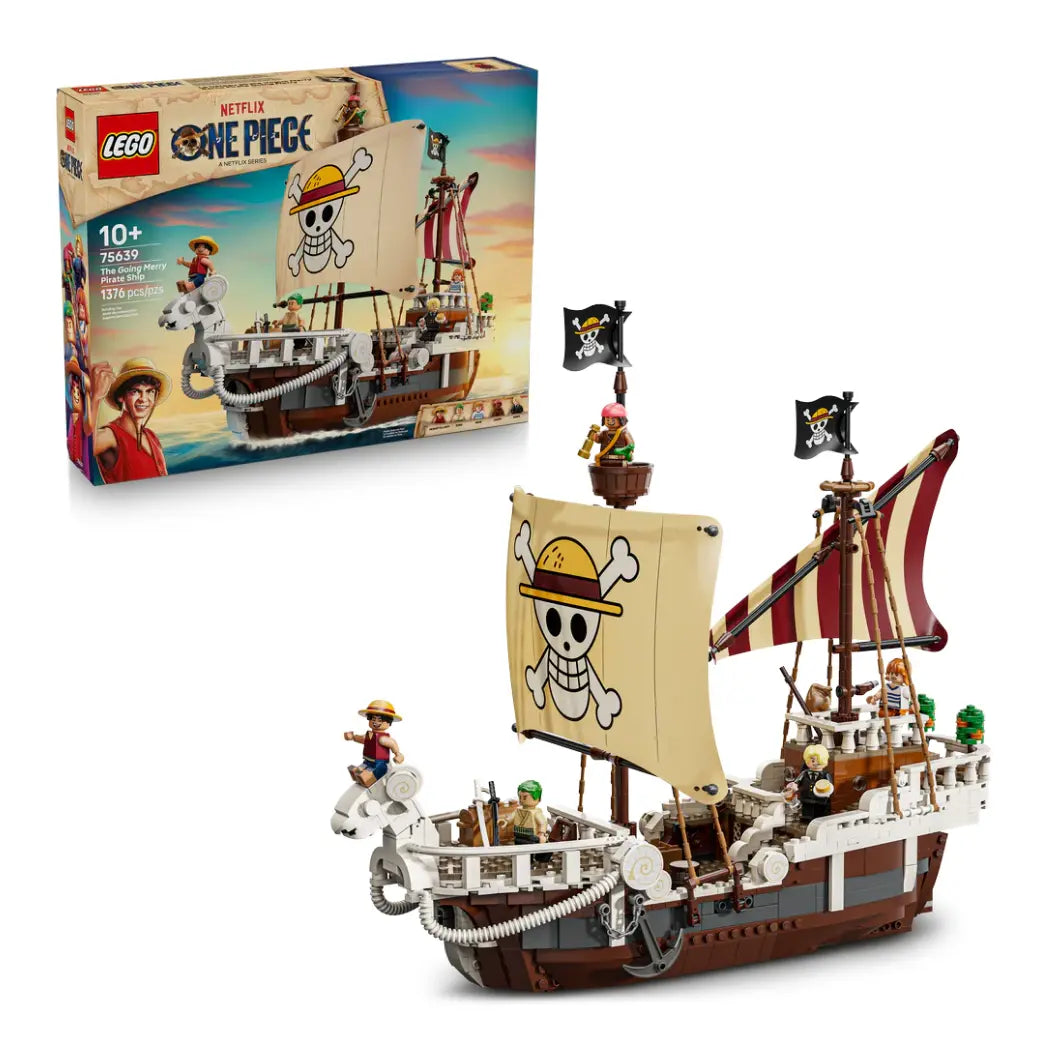 LEGO Going Merry ship with Monkey D. Luffy and Zoro figures on the deck and the box behind it.