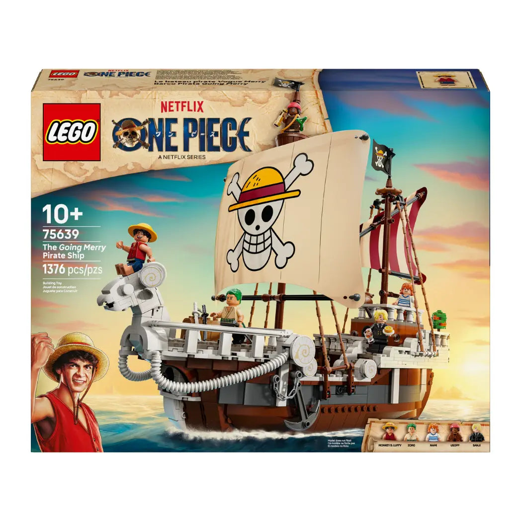 LEGO One Piece The Going Merry Pirate Ship box featuring the sheep-headed ship, Luffy, and crew members at sea.