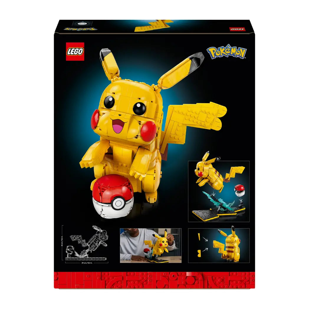 Back of LEGO Pikachu box showing the buildable Pokémon with a Poké Ball and dimensions of the finished model.
