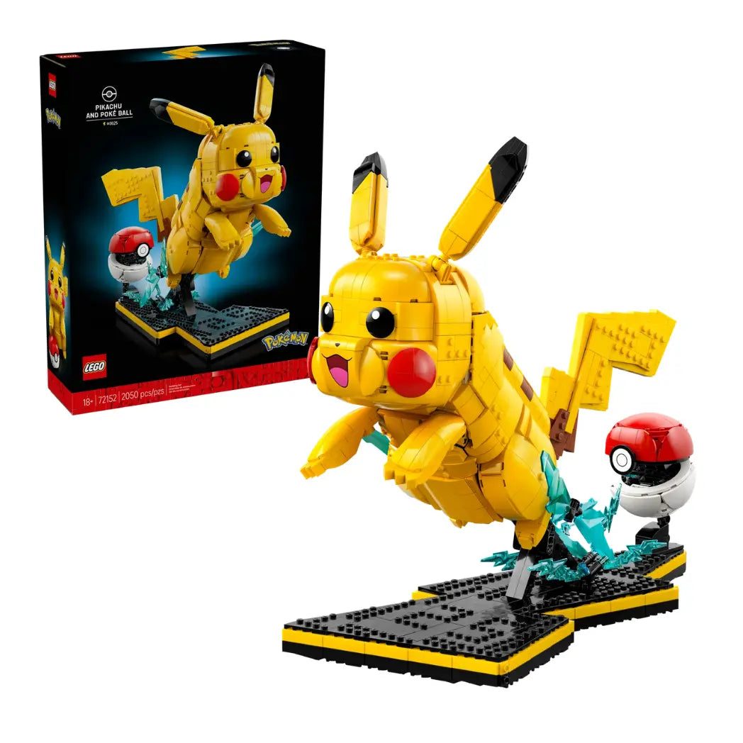 Lego  Pokémon Pikachu and PokeBall set featuring a large buildable Pikachu mid-leap on a display stand with blue lightning effects.