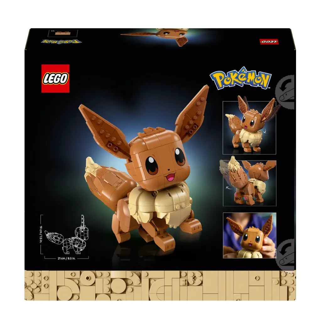 Back of LEGO Eevee box showing the brown and tan buildable figure, a height of 19 cm, and poseable features.