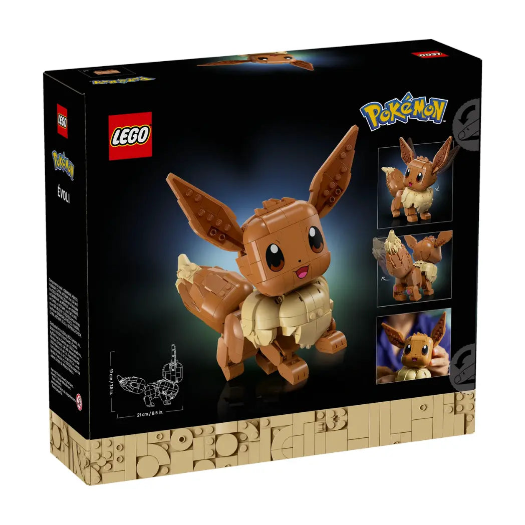 Tiled back of LEGO Eevee box showing the brown and tan buildable figure, a height of 19 cm, and poseable features.
