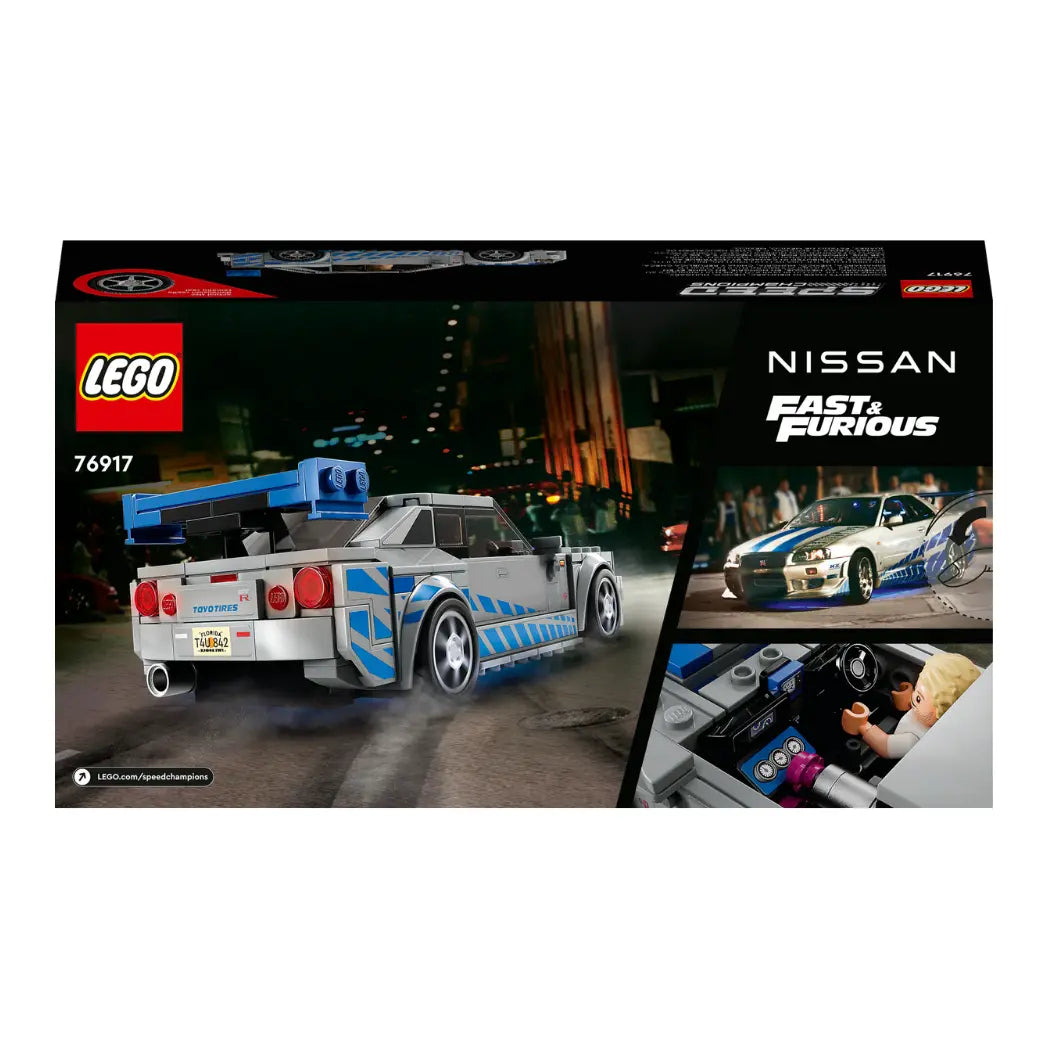 Back of LEGO Speed Champions Nissan Skyline GT-R box showing the car's rear, a movie still, and the interior dashboard.