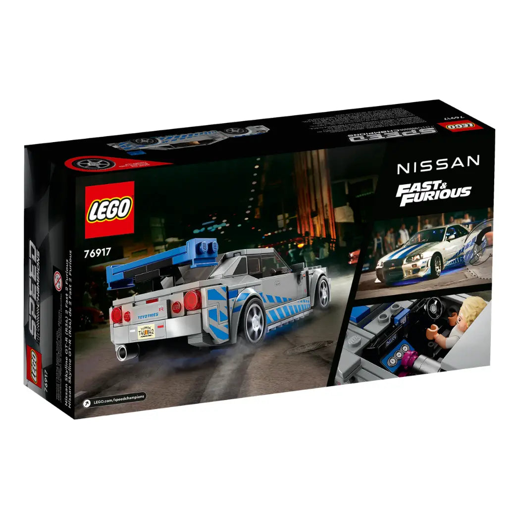 Back of LEGO Speed Champions Nissan Skyline GT-R box showing the car's rear, a movie still, and the interior dashboard.