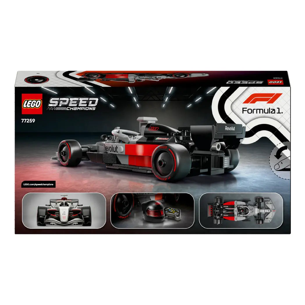 Back of LEGO Audi Revolut F1 Team R26 box showing a side view of the car, front and top angles, and a driver's helmet.