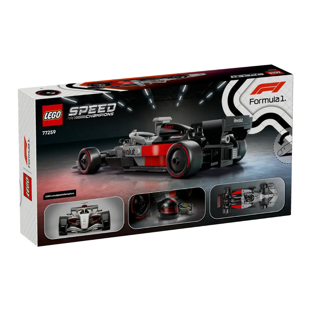 Back of LEGO Audi Revolut F1 Team R26 box showing a side view of the car, front and top angles, and a driver's helmet.