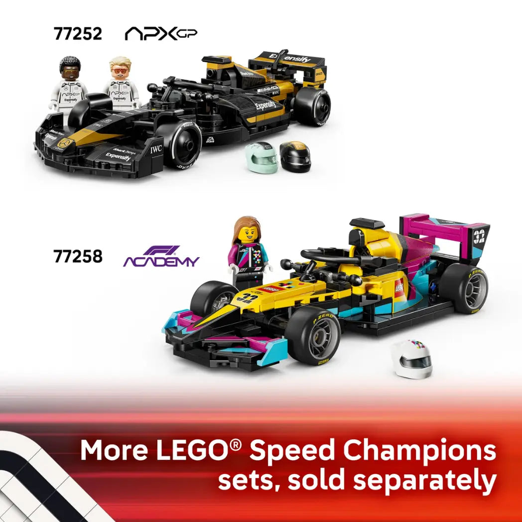 Two LEGO Speed Champions Formula 1 cars, APXGP and F1 Academy, with the text "More LEGO Speed Champions sets, sold seperatly."