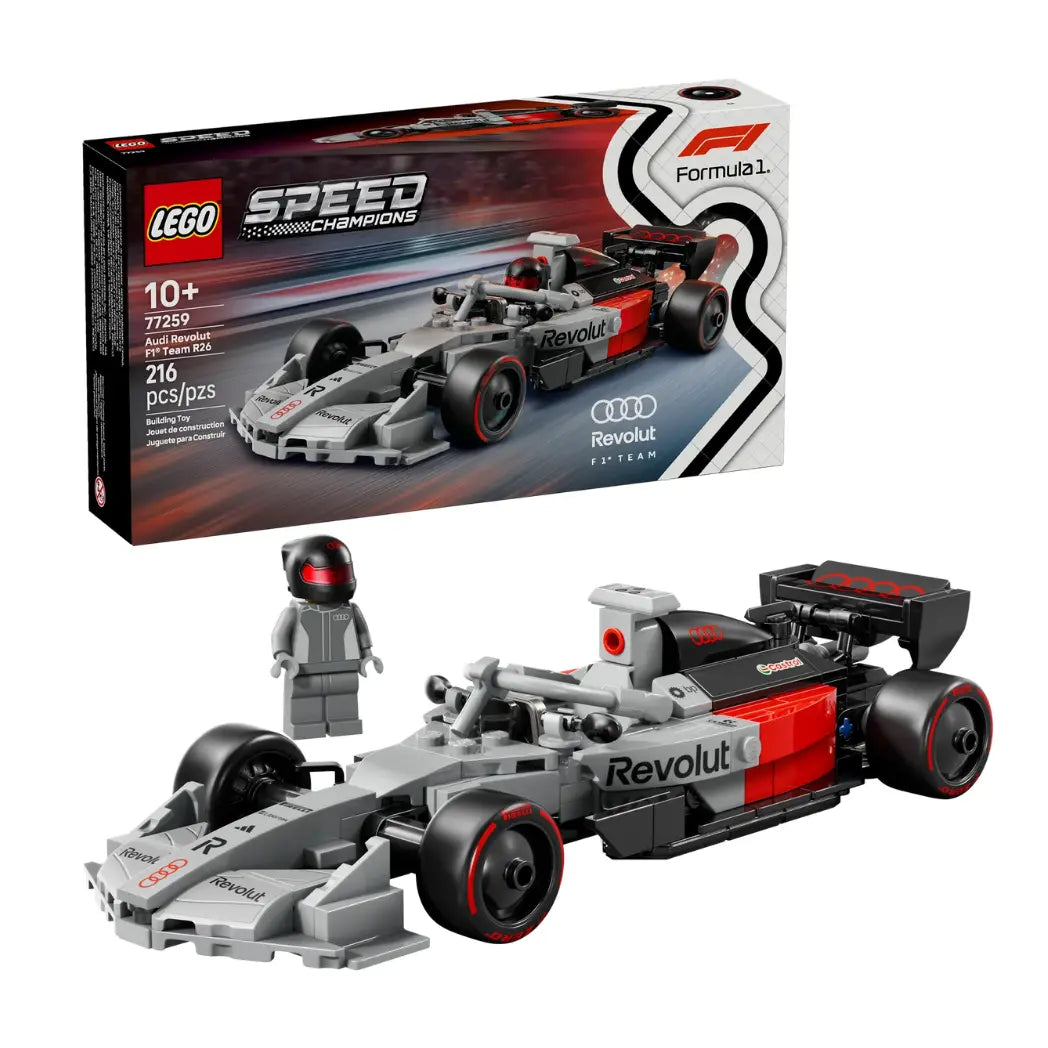 LEGO Speed Champions Audi Revolut F1 Team R26 Race Car box featuring a sleek black and neon green Formula 1 car.