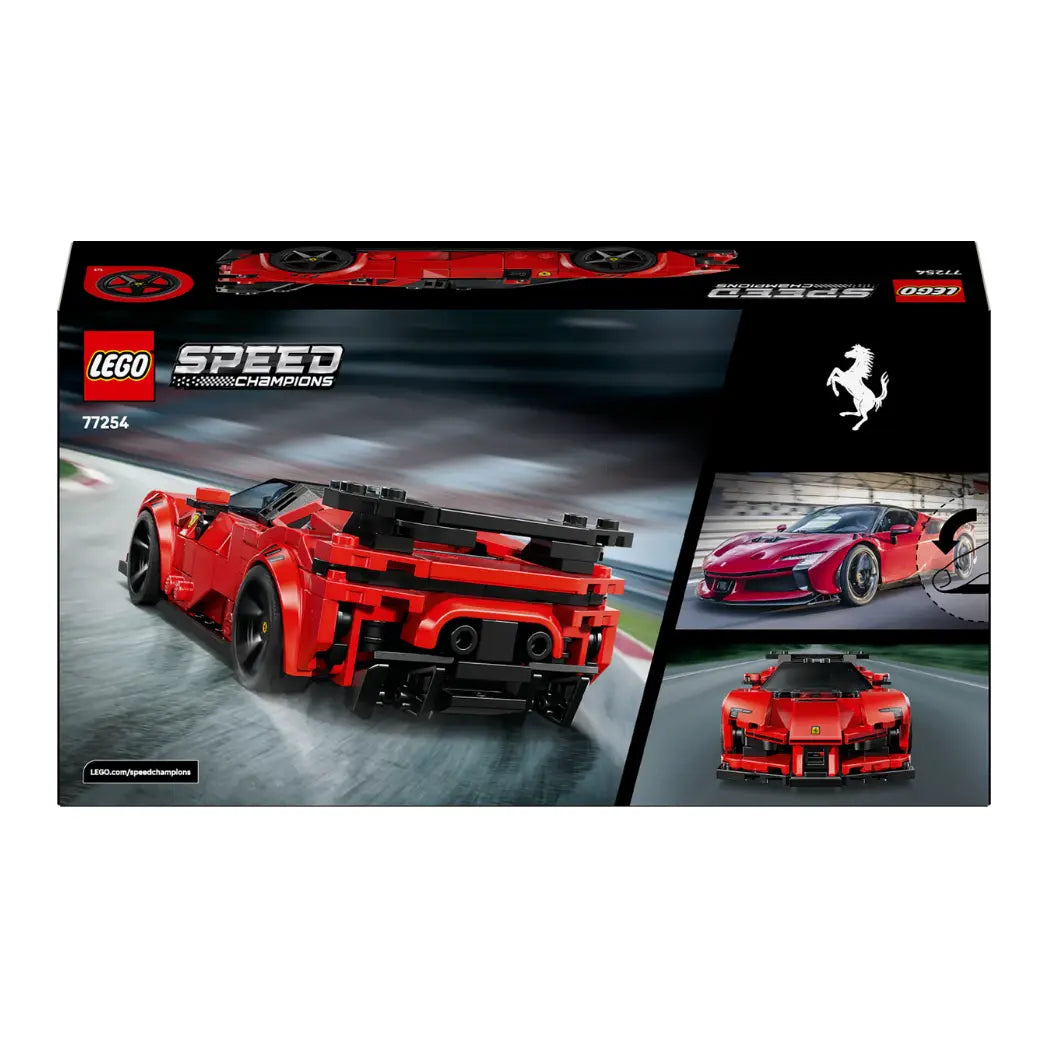 Back of LEGO Ferrari SF90 XX Stradale box showing the car's rear, top-down view, and interior engine details.