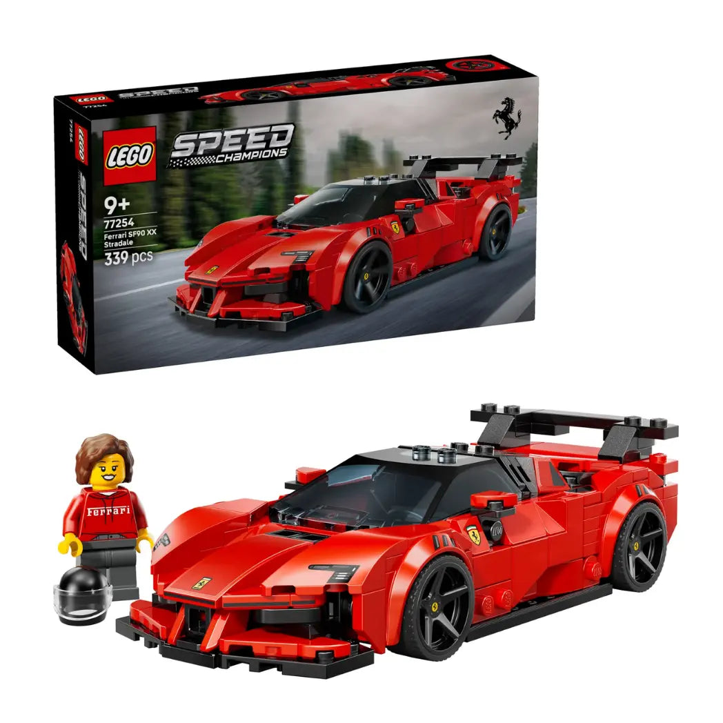 LEGO Speed Champions Ferrari SF90 XX Stradale set shown assembled with a red sports car and female driver minifigure.