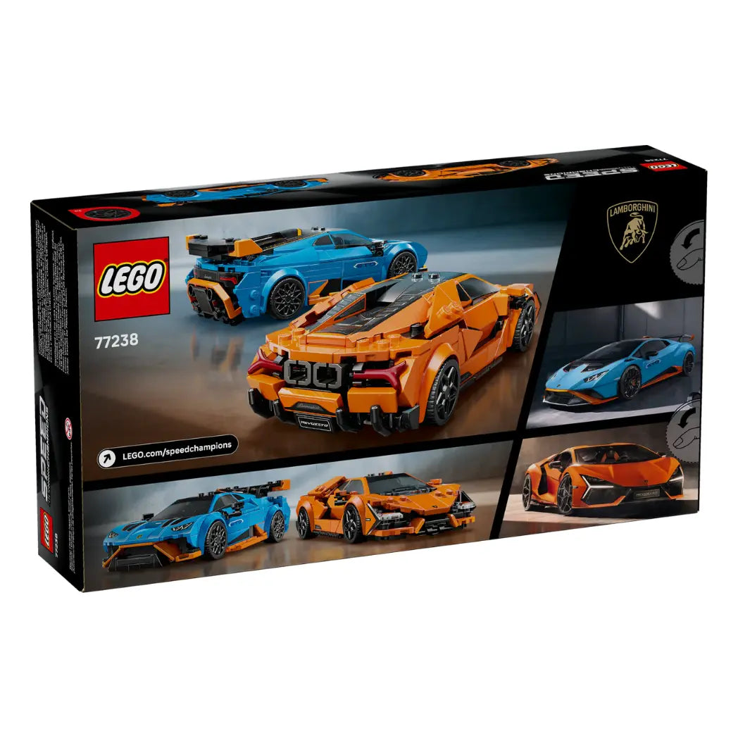 Back of Lego on an angle Lamborghini Revuelto and Huracán STO box displaying rear, front, and side views of the blue and orange cars.