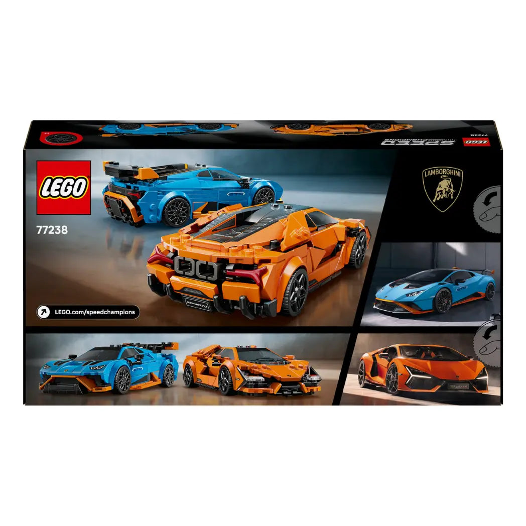 Back of Lego Lamborghini Revuelto and Huracán STO box displaying rear, front, and side views of the blue and orange cars.