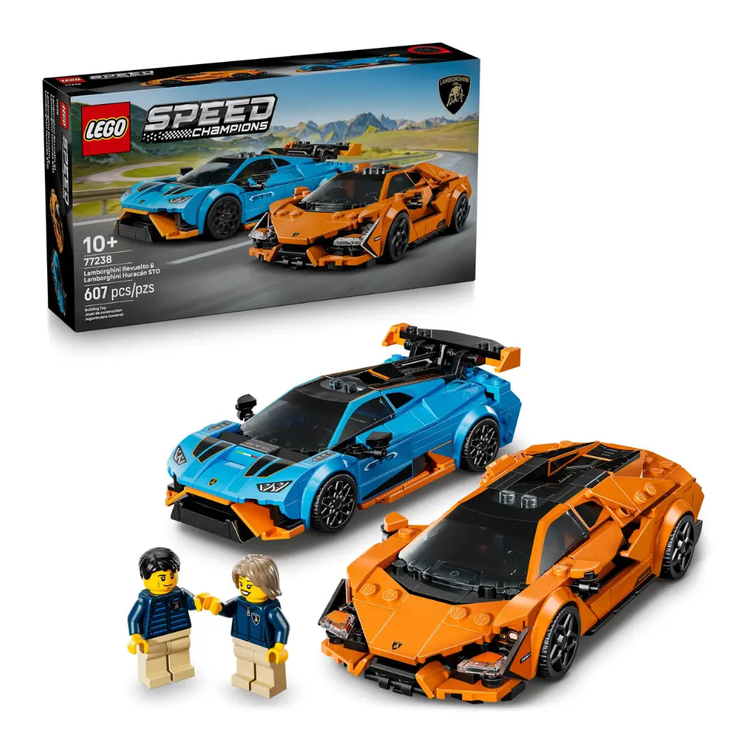 LEGO Speed Champions Lamborghini Revuelto and Huracán STO set featuring blue and orange supercars with two minifigures.