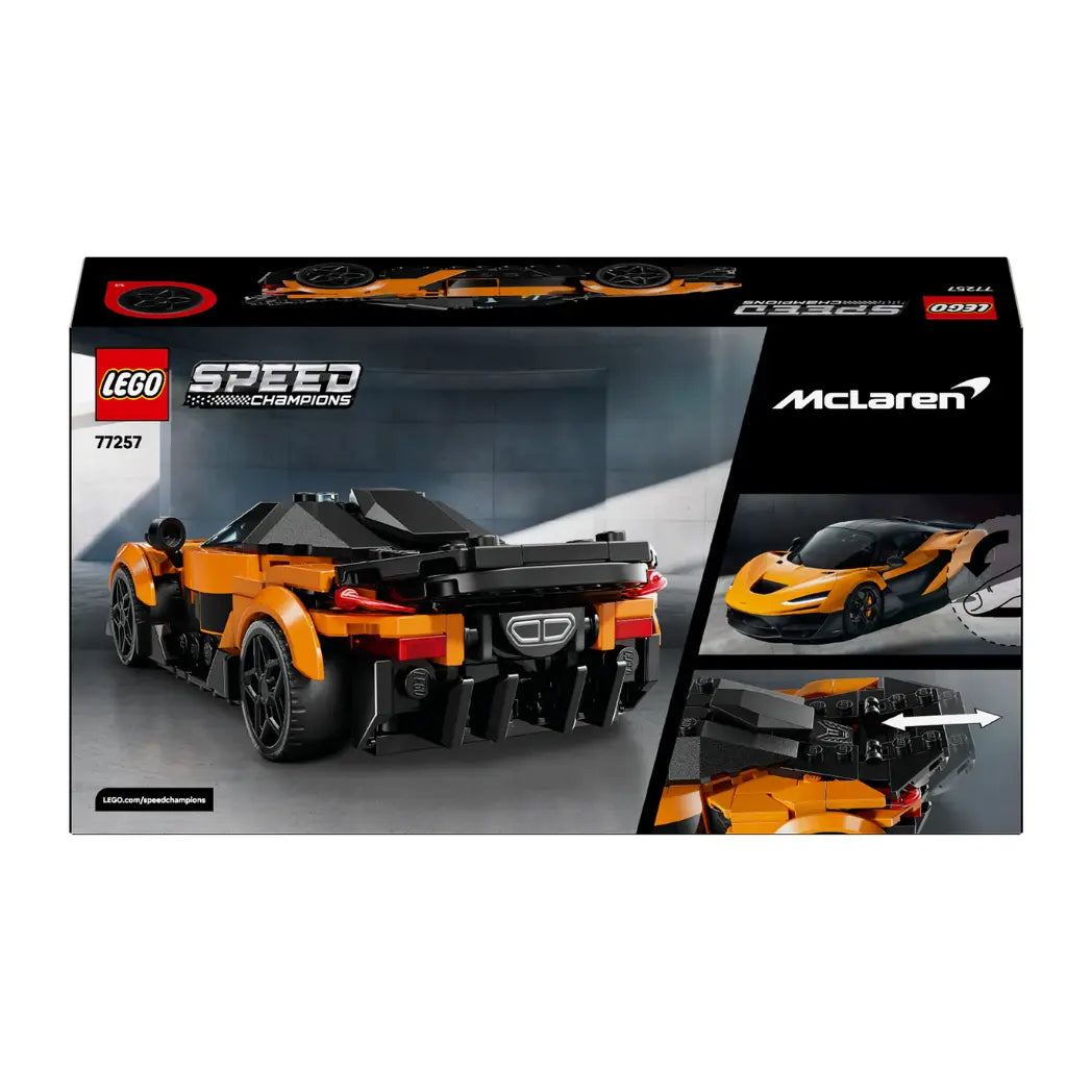 Back of Lego McLaren W1 box showing the rear of the orange supercar and close-ups of the adjustable rear wing.
