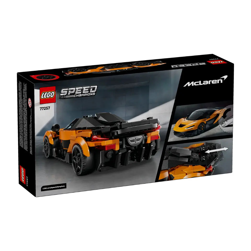 Tilted back of Lego McLaren W1 box showing the rear of the orange supercar and close-ups of the adjustable rear wing.