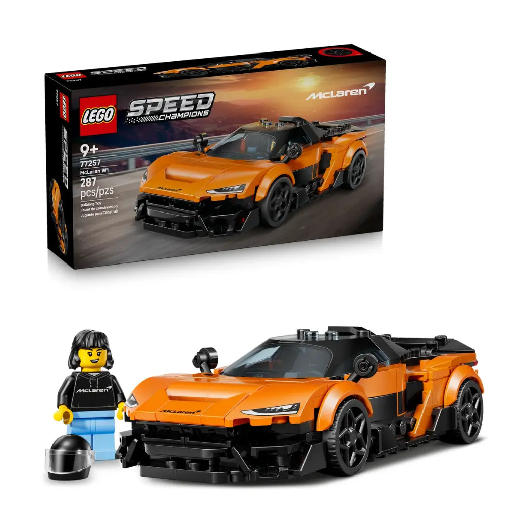 LEGO Speed Champions McLaren W1 set featuring an orange and black supercar and a driver minifigure.