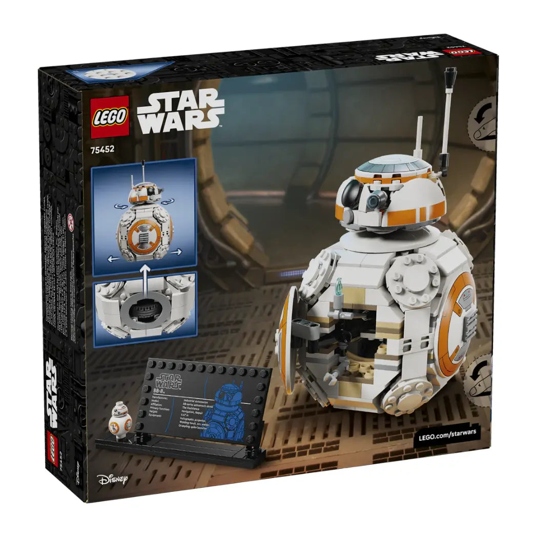 Back of Lego Star Wars BB-8 box showing rotating head action and an opening hatch with a welding torch.