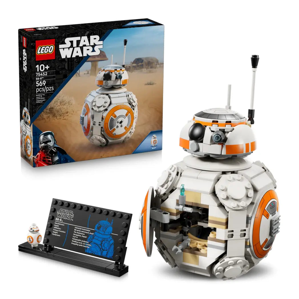 Lego BB-8 Astromech Droid set displayed with its lego box, featuring the spherical white and orange droid from Star Wars.