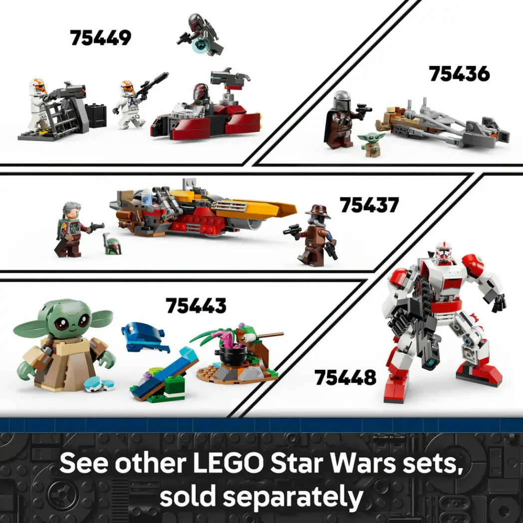 Five LEGO Star Wars sets including Grogu, a Clone Trooper mech, and various starships with the text "See other LEGO Star Wars sets sold separately".