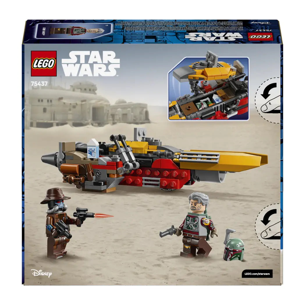 Back of Lego Cobb Vanth’s Speeder box showing the speeder's engine details and Cobb Vanth facing off against Cad Bane.