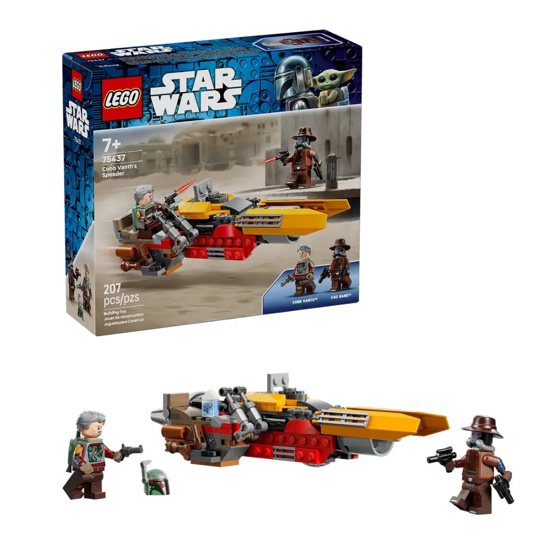 Lego Cobb Vanth’s Speeder set with Cobb Vanth and Cad Bane minifigures, featuring a yellow and red desert speeder bike.