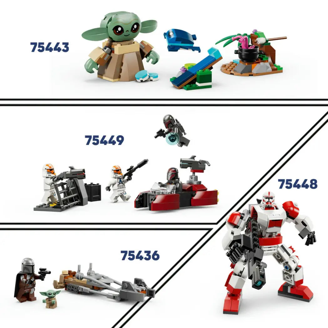 Four Lego Star Wars sets including a buildable Grogu, a Clone Trooper mech, and various battle packs.