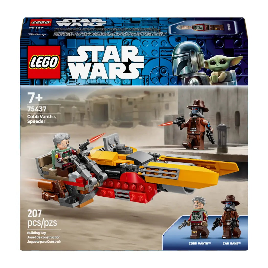 Lego Cobb Vanth’s Speeder box featuring the yellow and red speeder in a desert setting with Cobb Vanth and Cad Bane.