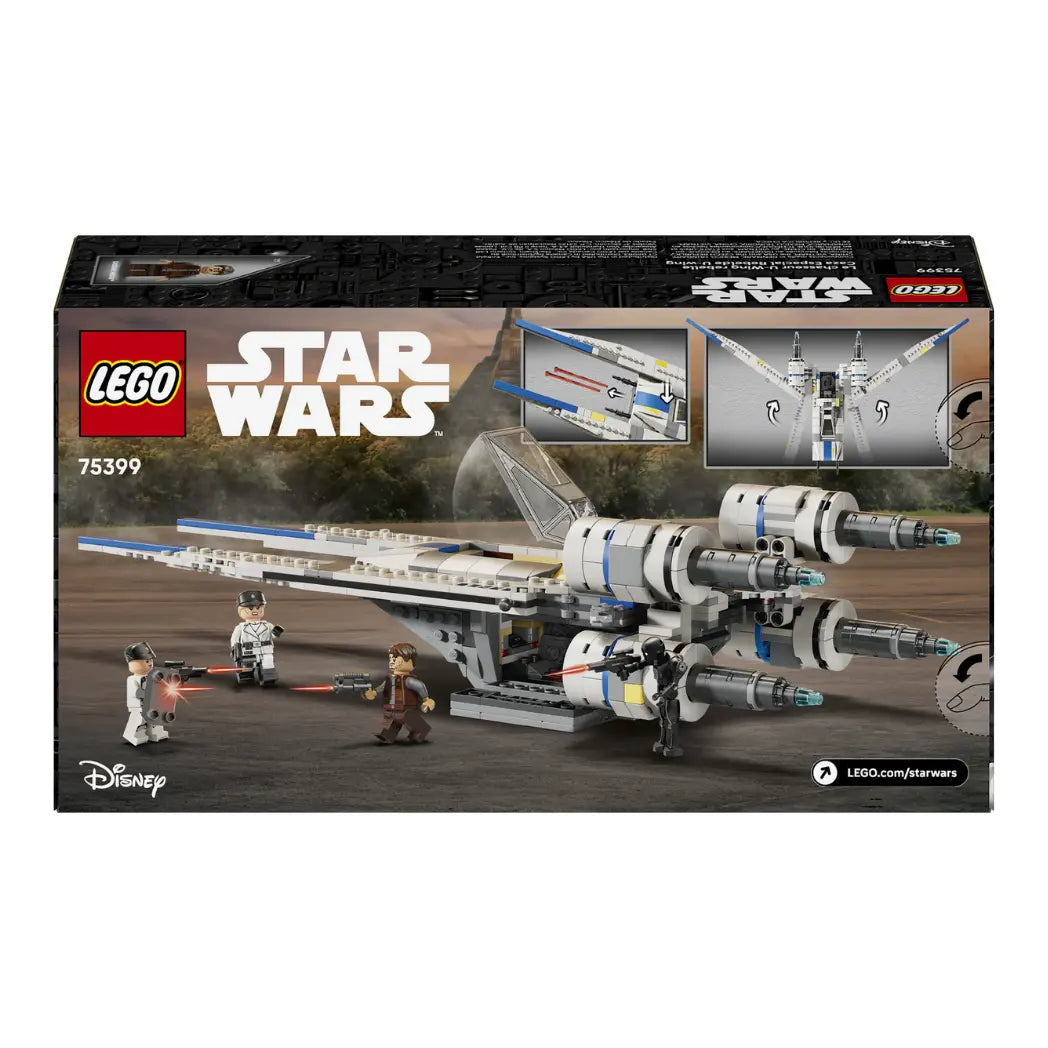 Back of Lego Rebel U-Wing box showing the ship on a landing pad with minifigures and diagrams of the folding wings.