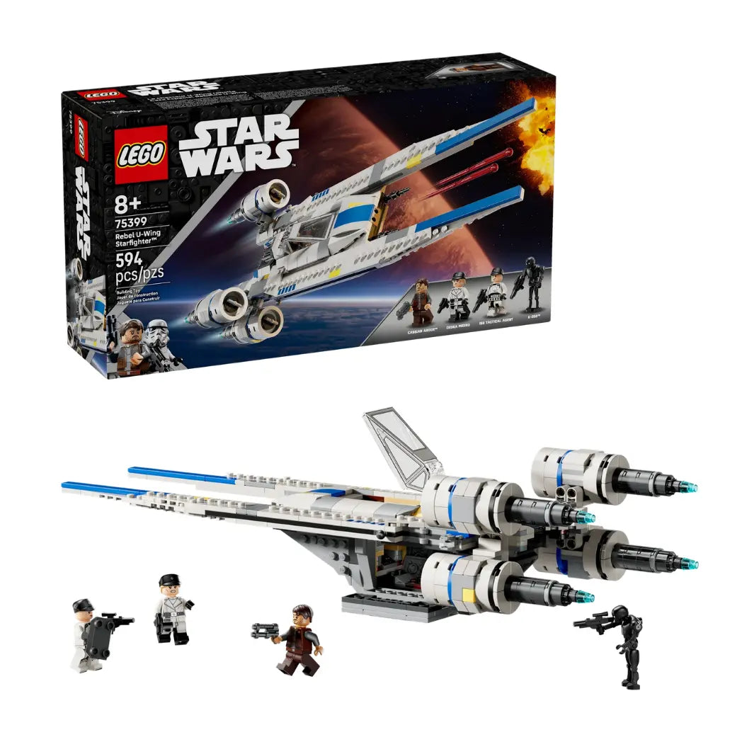 LEGO Star Wars Rebel U-Wing Starfighter set featuring a white and blue ship with four minifigures.