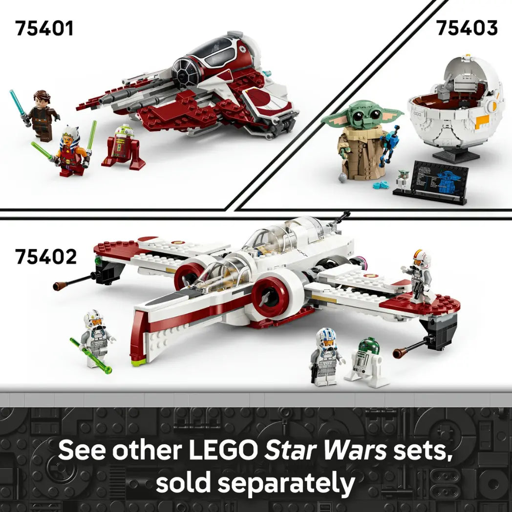 Three Lego Star Wars sets: Jedi Starfighter, Grogu with pram, and an ARC-170 Starfighter, each with minifigures. Each set sold seperately.