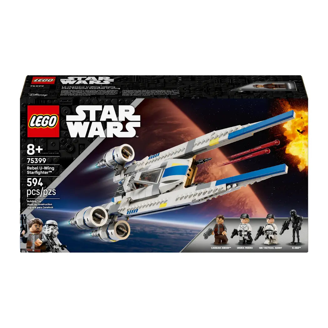 Lego Rebel U-Wing Starfighter box art featuring a white and blue ship flying in space with four minifigures.