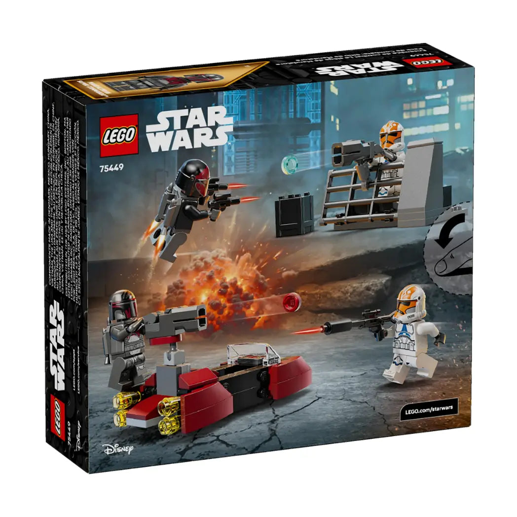 Back of Lego Siege of Mandalore Battle Pack box showing a battle scene with 332nd Clone Troopers and Mandalorian Super Commandos.