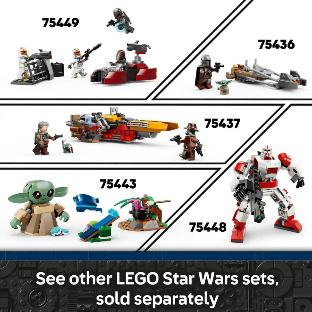 Five Lego Star Wars sets including Siege of Mandalore, Mandalorian speeders, Grogu, and a red and white mech.