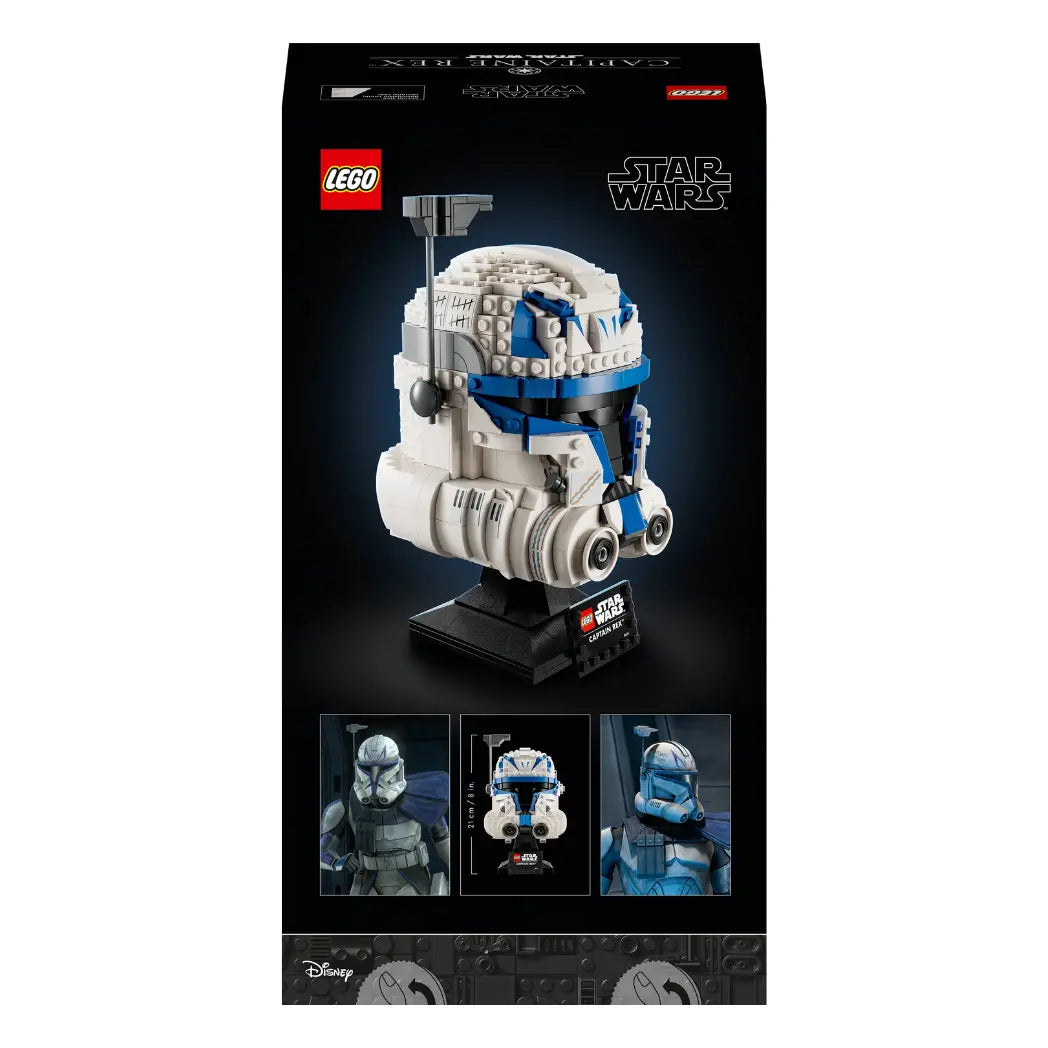 Back of LEGO Captain Rex Helmet box showing the built model on a stand alongside character images from the show.
