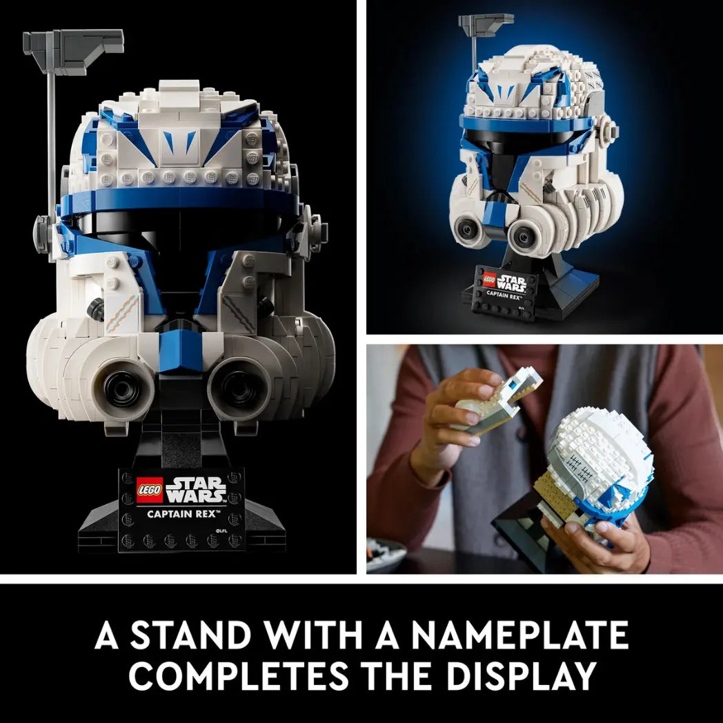 Back of Lego Captain Rex Helmet box showing the built model on a stand alongside character images from the show.