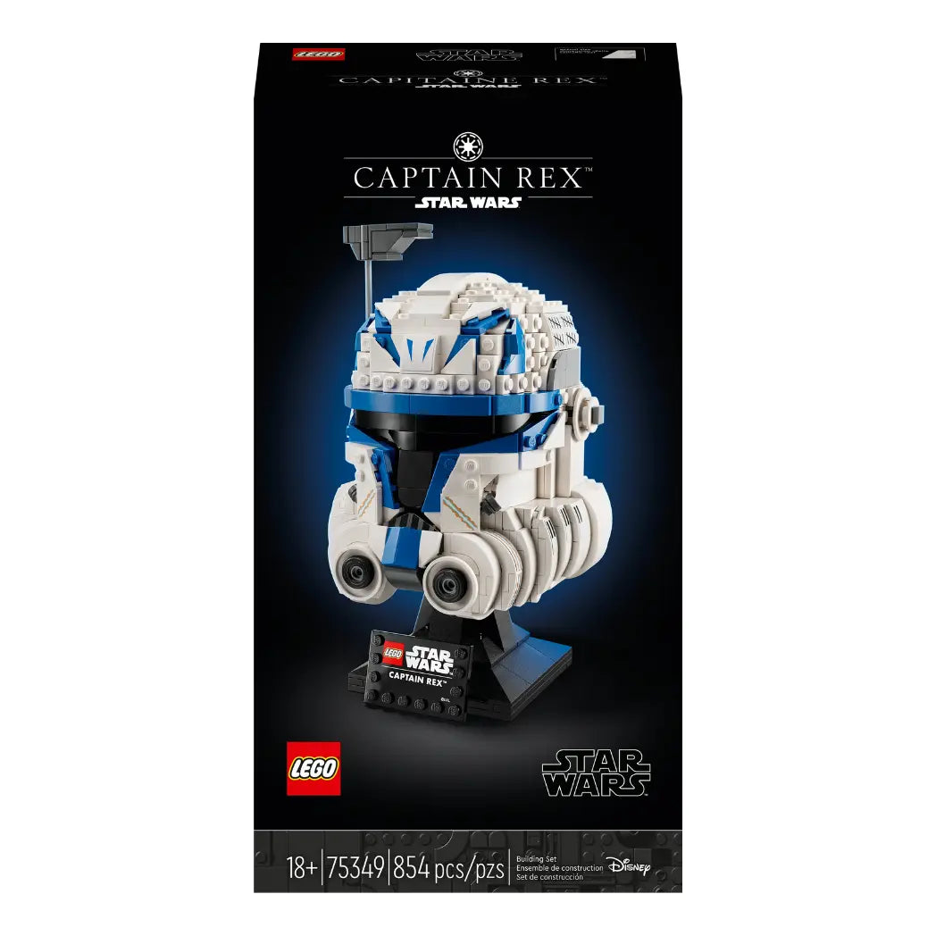 LEGO Captain Rex Helmet set featuring a white and blue clone trooper helmet on a black display stand.
