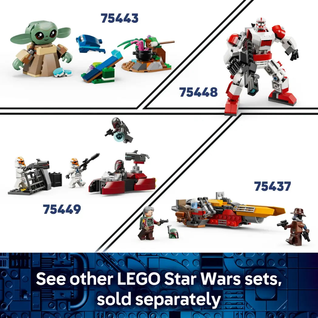Four LEGO Star Wars sets: a Grogu figure, a red and white mech, the Siege of Mandalore battle, and Cad Bane’s ship. See other lego star wars sets, sold seperately.