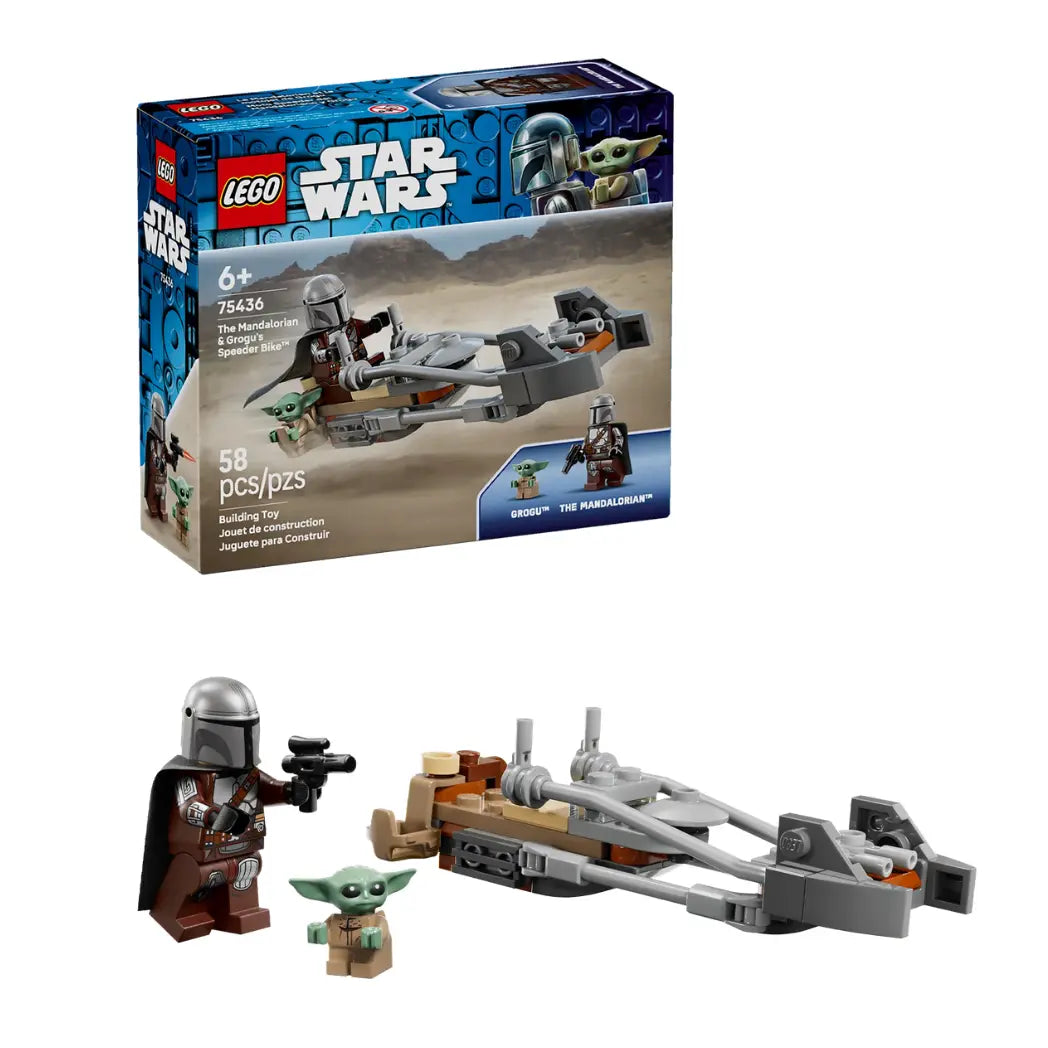 Lego The Mandalorian and Grogu's Speeder Bike set featuring the box, two minifigures, and a grey speeder bike.