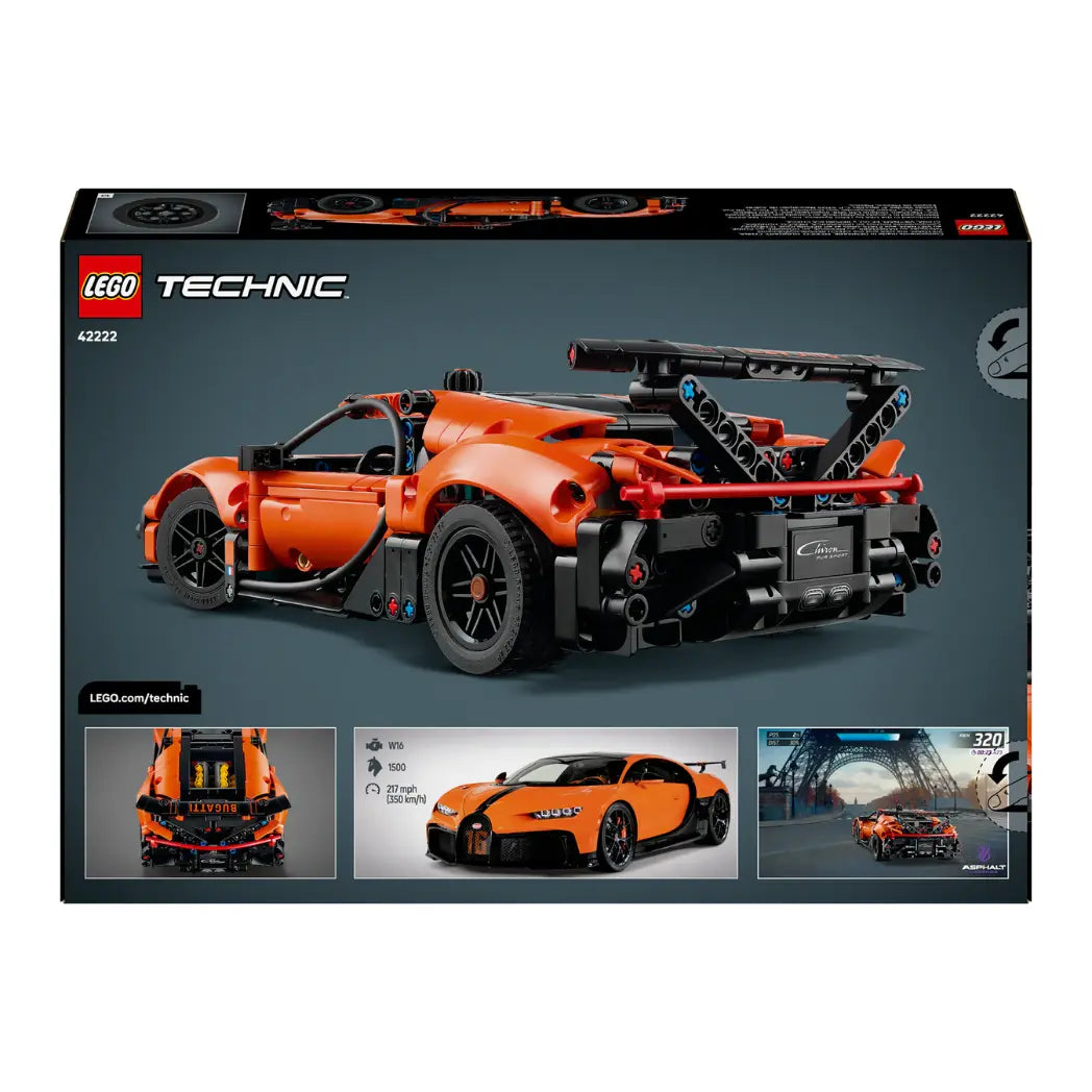 Back of LEGO Technic Bugatti Chiron Pur Sport box showing the rear of the model and real car specifications.