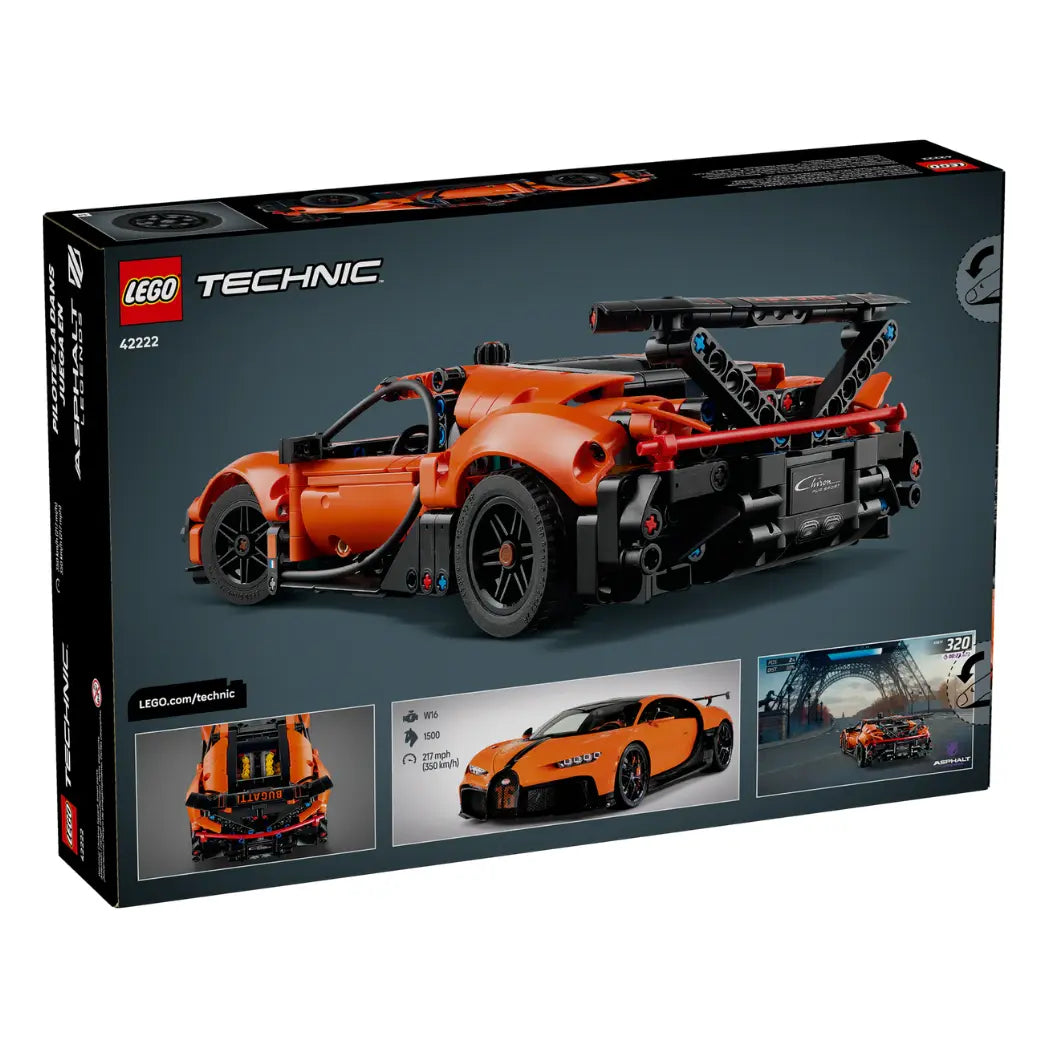 Three-quarter angle view of the back of the Lego Technic Bugatti Chiron Pur Sport box showing features and car details.