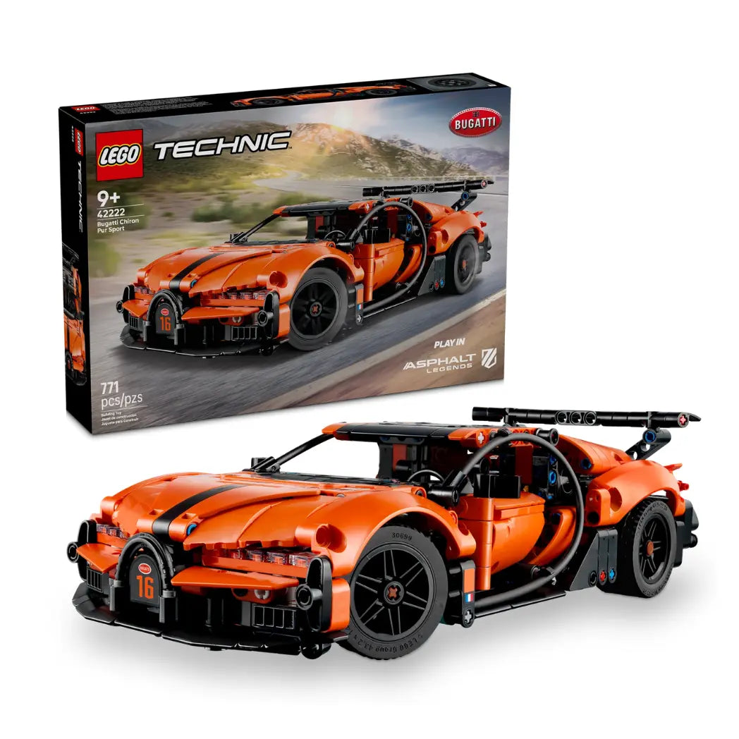 Lego Technic Bugatti Chiron Pur Sport set featuring an orange hypercar next to its box.