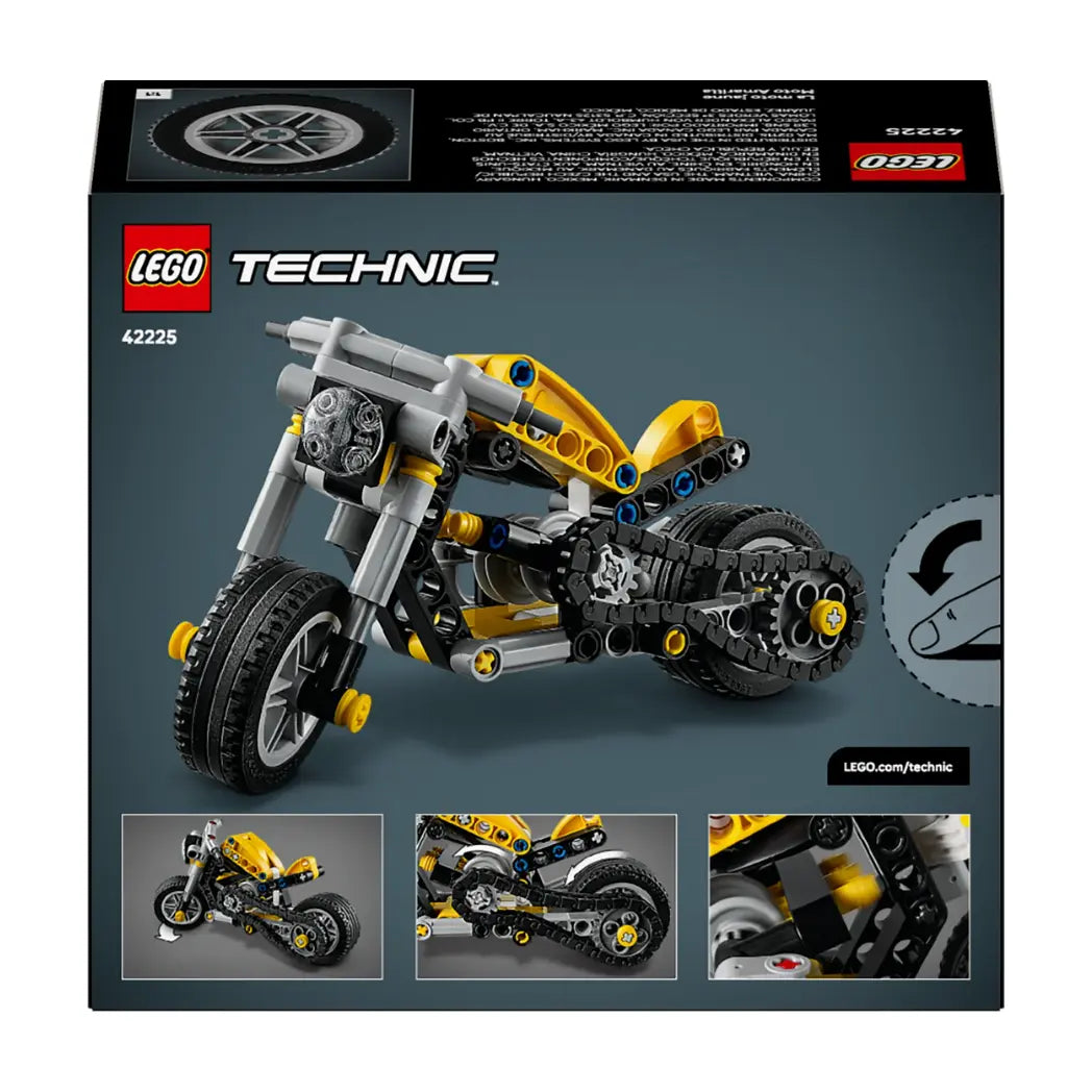 Back of Lego Technic Yellow Motorcycle box showing the built bike's chain drive mechanism and alternative angles.