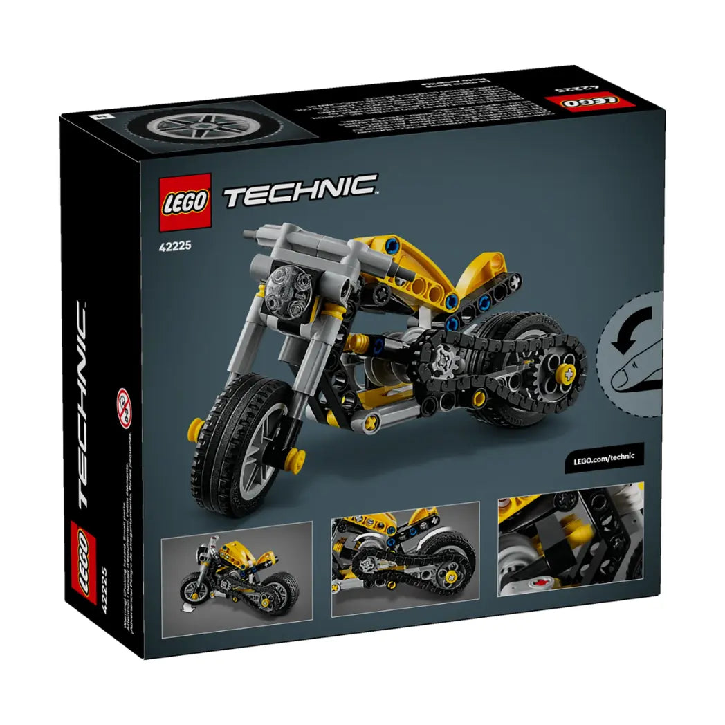 Three-quarter angle view of the back of the Lego Technic Yellow Motorcycle box highlighting its gear and chain features.