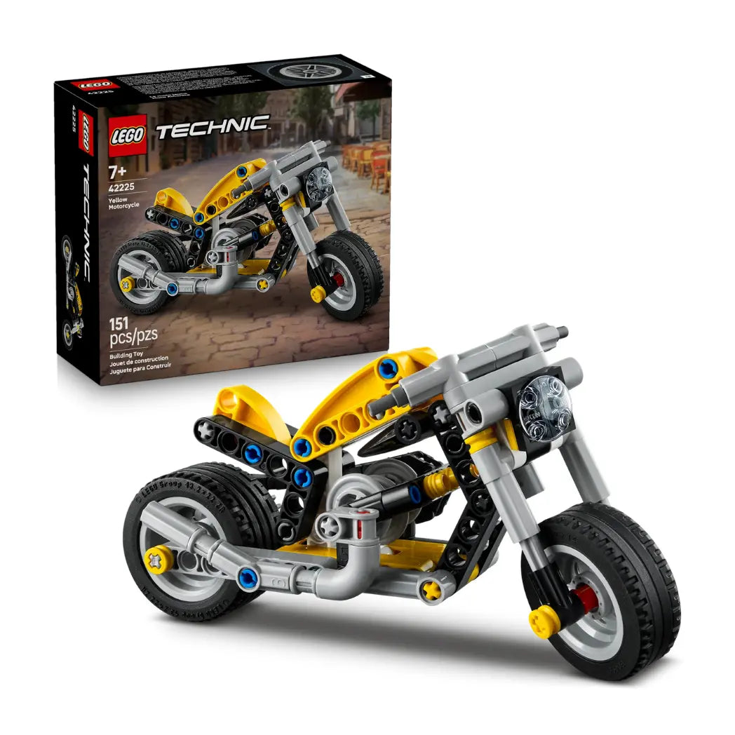 Lego Technic Yellow Motorcycle set featuring a built cruiser-style bike next to its product box.
