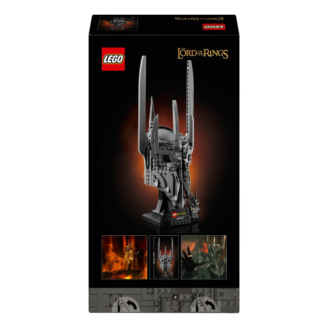 Back of Lego Sauron Helmet box showing a side angle of the model on a stand and movie comparison images.